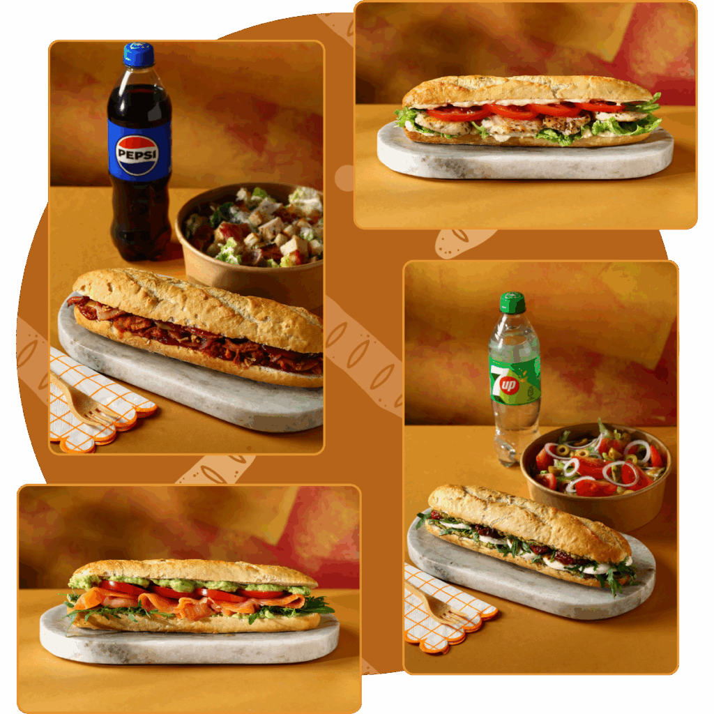 Zestawy zapiekanek La Bocata z różnymi dodatkami i napojami: Pepsi, 7up i świeże sałatki.